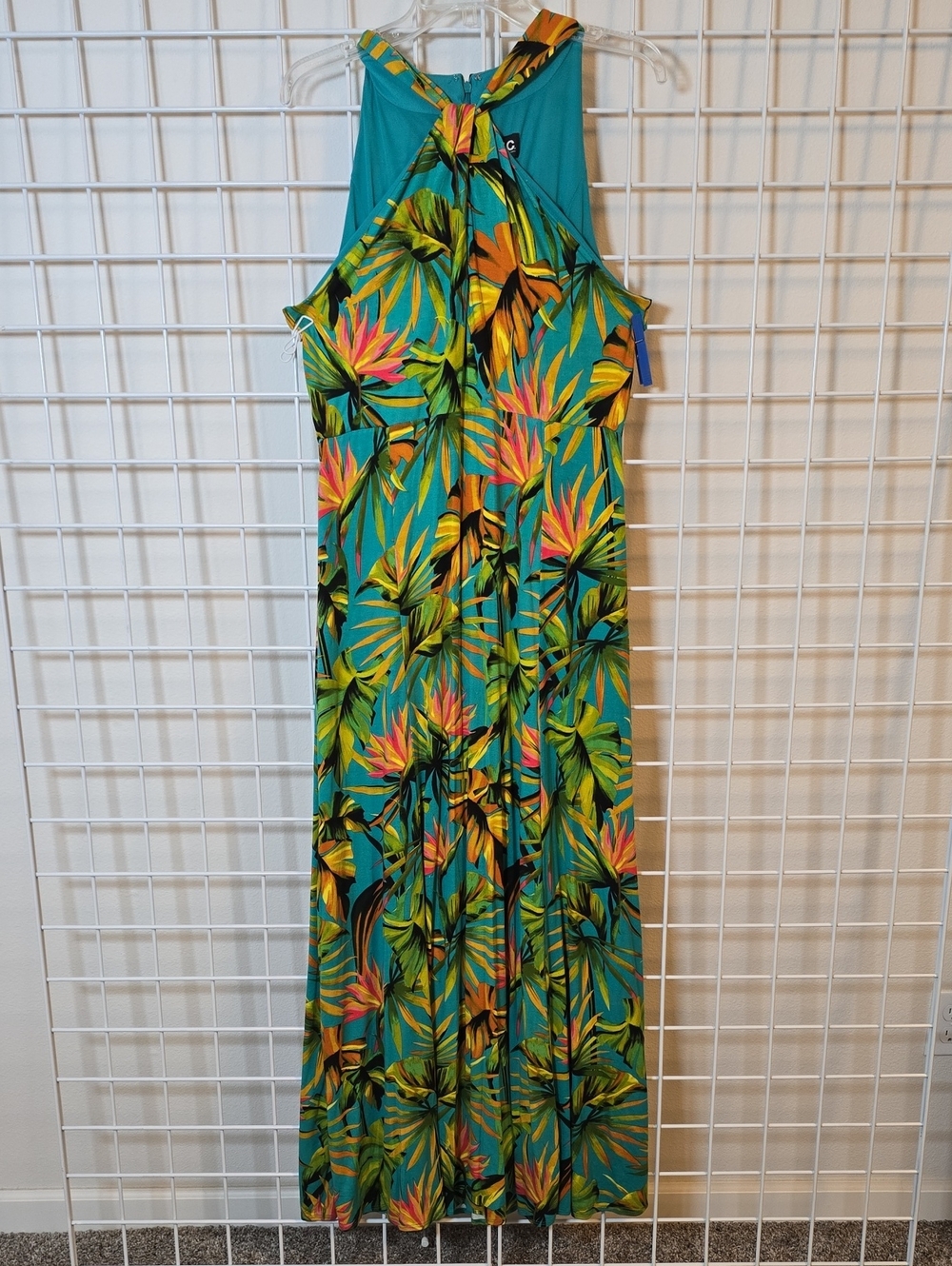 INC International Concepts Teal Tropical Print Maxi Halter Neck Dress Size Large